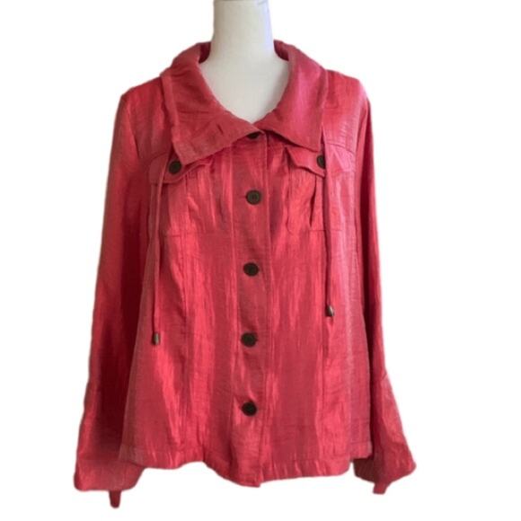 Elementz Blouse Jacket Shacket Orange Coral Shimmer Roll Tab Sleeves Large - Picture 1 of 13